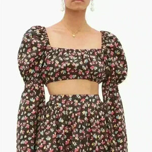 Staud NWT Cotton Elena Mushroom-Print Cropped Top Long Black Sleeve Size Small